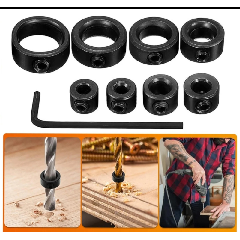 Обмежувачі глибини свердління для свердел 8 шт. діаметром 3-16 мм Обмежувачі глибини свердління для свердел 8 шт. діаметром 3-16 мм